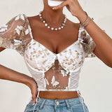 Women Party Tops Halter Perspective Butterfly Embroidered Suspender Mesh Vest