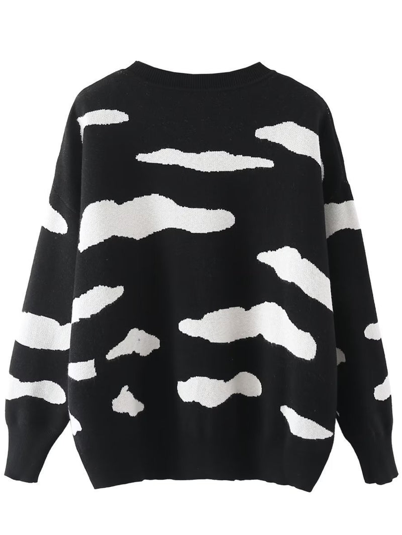 Women Sweater Knitwear Loose Sweater Women's Autumn Cloud Printed Long-Sleeved Sweater Top