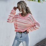 Women Knitted Sweater Autumn Crew Neck Long Sleeve Bottoming Sweater Short Striped Sweater