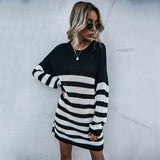 Women Knitted Sweater Autumn Long Sleeve Striped round Neck Knitted Dress Sweater Women's Long