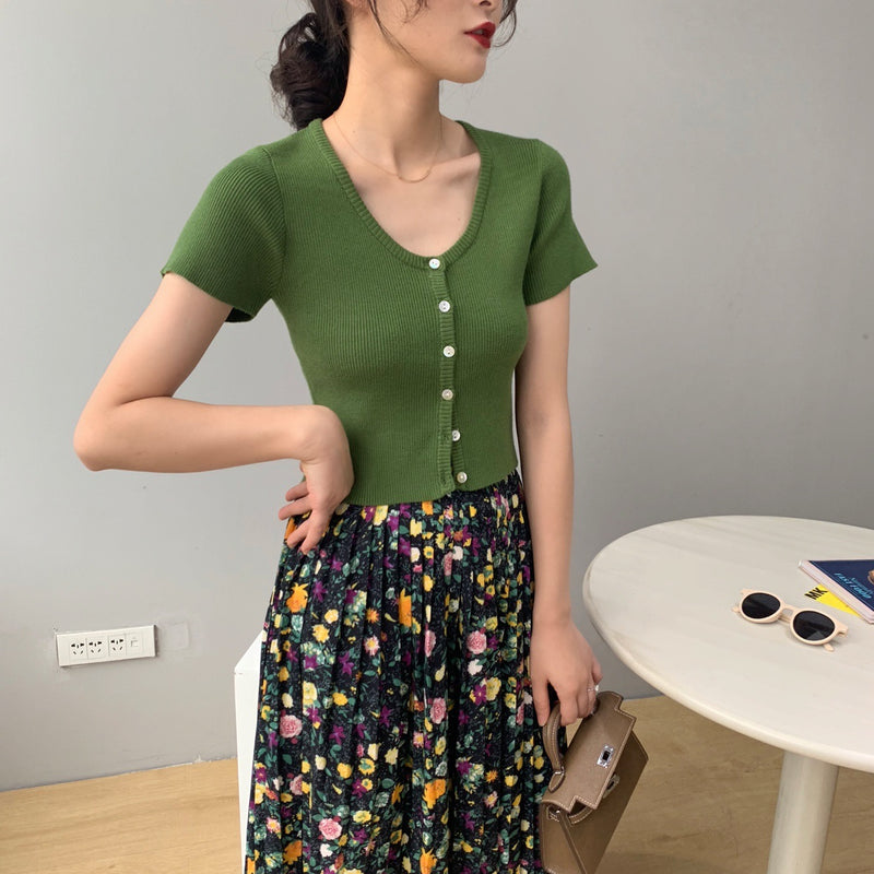 Women Knitted T-shirt Vintage Slim Short-Sleeved Tops Cardigan