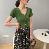 Women Knitted T-shirt Vintage Slim Short-Sleeved Tops Cardigan