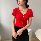 Women Knitted T-shirt Vintage Slim Short-Sleeved Tops Cardigan