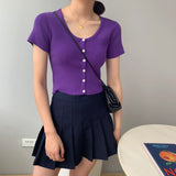 Women Knitted T-shirt Vintage Slim Short-Sleeved Tops Cardigan