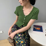 Women Knitted T-shirt Vintage Slim Short-Sleeved Tops Cardigan