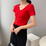 Women Knitted T-shirt Vintage Slim Short-Sleeved Tops Cardigan