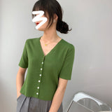 Women Knitted T-shirt Summer Retro Short Sleeve V-neck Coat
