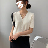 Women Knitted T-shirt Summer Retro Short Sleeve V-neck Coat