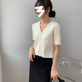 Women Knitted T-shirt Summer Retro Short Sleeve V-neck Coat