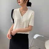 Women Knitted T-shirt Summer Retro Short Sleeve V-neck Coat