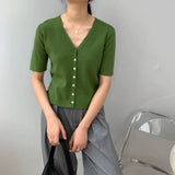 Women Knitted T-shirt Summer Retro Short Sleeve V-neck Coat