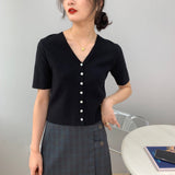 Women Knitted T-shirt Summer Retro Short Sleeve V-neck Coat