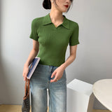 Women Knitted T-shirt Polo Shirt Knitwear Sexy Retro Slim Fit Short Sweater