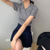 Women Knitted T-shirt Polo Shirt Knitwear Sexy Retro Slim Fit Short Sweater