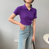 Women Knitted T-shirt Polo Shirt Knitwear Sexy Retro Slim Fit Short Sweater