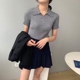Women Knitted T-shirt Polo Shirt Knitwear Sexy Retro Slim Fit Short Sweater