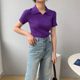 Women Knitted T-shirt Polo Shirt Knitwear Sexy Retro Slim Fit Short Sweater