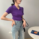 Women Knitted T-shirt Polo Shirt Knitwear Sexy Retro Slim Fit Short Sweater
