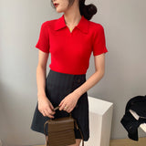 Women Knitted T-shirt Polo Shirt Knitwear Sexy Retro Slim Fit Short Sweater