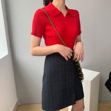 Women Knitted T-shirt Polo Shirt Knitwear Sexy Retro Slim Fit Short Sweater
