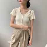 Women Knitted T-shirt Vintage Slim Short-Sleeved Tops Cardigan