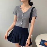 Women Knitted T-shirt Vintage Slim Short-Sleeved Tops Cardigan
