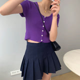 Women Knitted T-shirt Vintage Slim Short-Sleeved Tops Cardigan