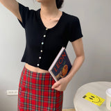 Women Knitted T-shirt Vintage Slim Short-Sleeved Tops Cardigan