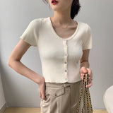Women Knitted T-shirt Vintage Slim Short-Sleeved Tops Cardigan