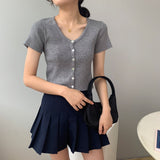 Women Knitted T-shirt Vintage Slim Short-Sleeved Tops Cardigan