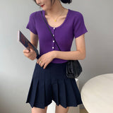 Women Knitted T-shirt Vintage Slim Short-Sleeved Tops Cardigan