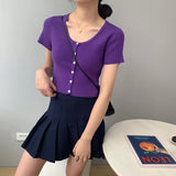 Women Knitted T-shirt Vintage Slim Short-Sleeved Tops Cardigan