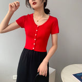 Women Knitted T-shirt Vintage Slim Short-Sleeved Tops Cardigan