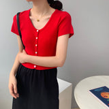 Women Knitted T-shirt Vintage Slim Short-Sleeved Tops Cardigan