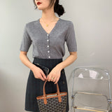Women Knitted T-shirt Summer Retro Short Sleeve V-neck Coat