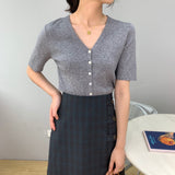 Women Knitted T-shirt Summer Retro Short Sleeve V-neck Coat