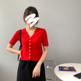 Women Knitted T-shirt Summer Retro Short Sleeve V-neck Coat