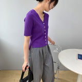 Women Knitted T-shirt Summer Retro Short Sleeve V-neck Coat