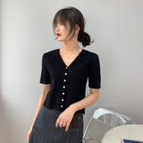 Women Knitted T-shirt Summer Retro Short Sleeve V-neck Coat