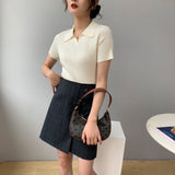 Women Knitted T-shirt Polo Shirt Knitwear Sexy Retro Slim Fit Short Sweater