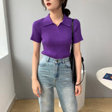 Women Knitted T-shirt Polo Shirt Knitwear Sexy Retro Slim Fit Short Sweater