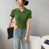 Women Knitted T-shirt Polo Shirt Knitwear Sexy Retro Slim Fit Short Sweater