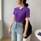 Women Knitted T-shirt Polo Shirt Knitwear Sexy Retro Slim Fit Short Sweater