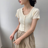 Women Knitted T-shirt Vintage Slim Short-Sleeved Tops Cardigan