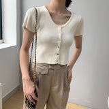 Women Knitted T-shirt Vintage Slim Short-Sleeved Tops Cardigan