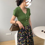 Women Knitted T-shirt Vintage Slim Short-Sleeved Tops Cardigan