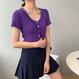Women Knitted T-shirt Vintage Slim Short-Sleeved Tops Cardigan