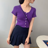 Women Knitted T-shirt Vintage Slim Short-Sleeved Tops Cardigan
