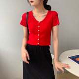 Women Knitted T-shirt Vintage Slim Short-Sleeved Tops Cardigan