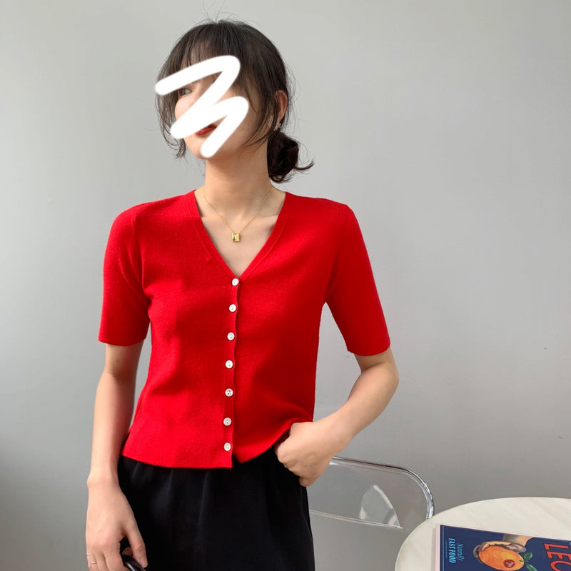 Women Knitted T-shirt Summer Retro Short Sleeve V-neck Coat